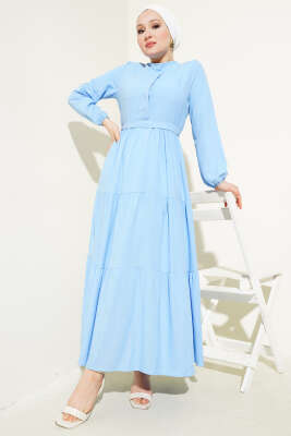 Yarım Gizli Düğmeli Kuşaklı Elbise Mavi - TEGOE