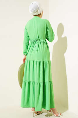 Yarım Gizli Düğmeli Kuşaklı Elbise Neon Yeşil - Tesettür Elbise