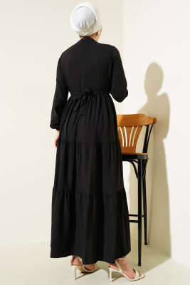 Yarım Gizli Düğmeli Kuşaklı Elbise Siyah - Tesettür Elbise