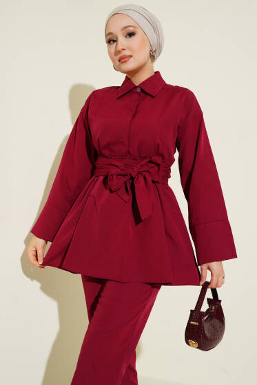 Yarım Gizli Düğmeli Kuşaklı İkili Takım Bordo - İkili Takım