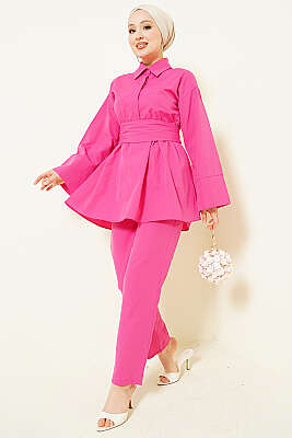 Yarım Gizli Düğmeli Kuşaklı İkili Takım Fuşya 