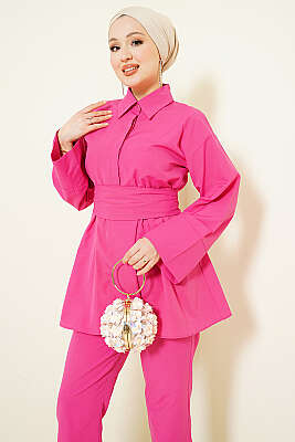 Yarım Gizli Düğmeli Kuşaklı İkili Takım Fuşya - İkili Takım