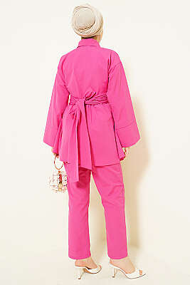 Yarım Gizli Düğmeli Kuşaklı İkili Takım Fuşya - İkili Takım