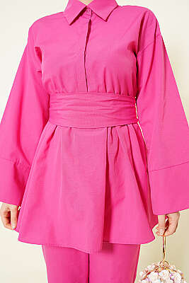 Yarım Gizli Düğmeli Kuşaklı İkili Takım Fuşya - İkili Takım