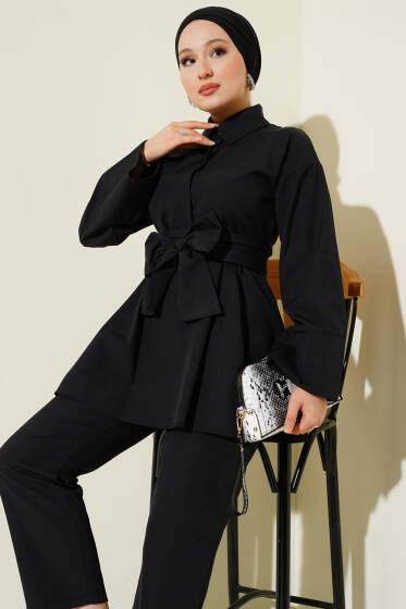 Yarım Gizli Düğmeli Kuşaklı İkili Takım Siyah - İkili Takım