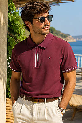 Yarım Gizli Fermuarlı Erkek T-shirt Bordo - FRESHMAN