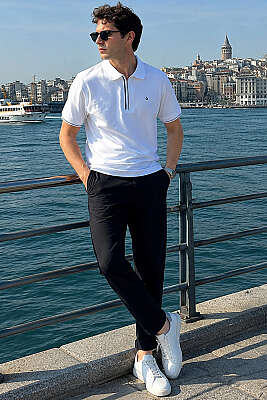 Yarım Gizli Fermuarlı Erkek T-shirt Ekru - Erkek T-shirt