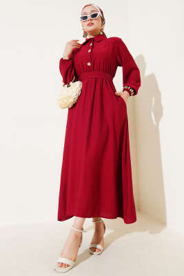 Yarım Gold Düğmeli Kuşaklı Elbise Bordo 