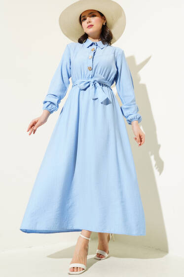 Yarım Gold Düğmeli Kuşaklı Elbise Buz Mavisi - Elbise