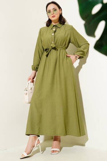 Yarım Gold Düğmeli Kuşaklı Elbise Çağla Yeşili - Elbise
