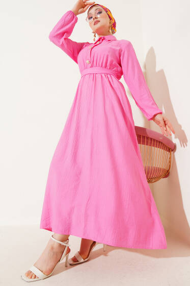 Yarım Gold Düğmeli Kuşaklı Elbise Fuşya - Elbise