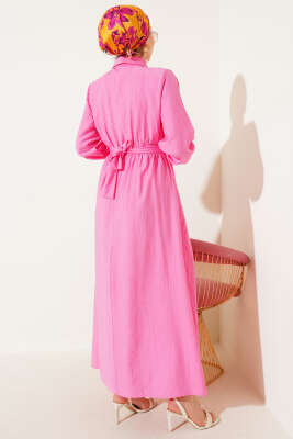 Yarım Gold Düğmeli Kuşaklı Elbise Fuşya - Tesettür Elbise