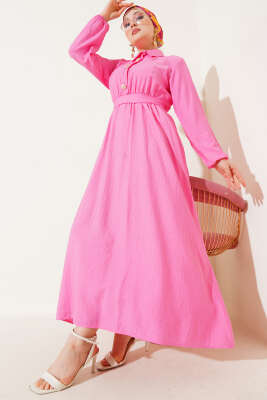 Yarım Gold Düğmeli Kuşaklı Elbise Fuşya 