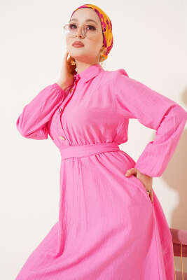 Yarım Gold Düğmeli Kuşaklı Elbise Fuşya - Tesettür Elbise