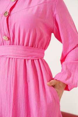 Yarım Gold Düğmeli Kuşaklı Elbise Fuşya - Tesettür Elbise