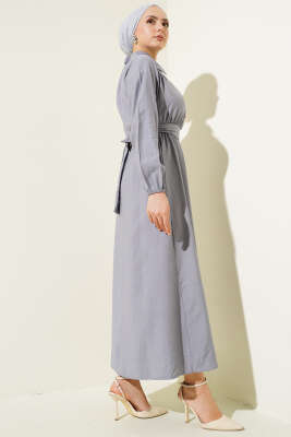 Yarım Gold Düğmeli Kuşaklı Elbise Gri - Tesettür Elbise