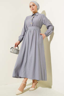 Yarım Gold Düğmeli Kuşaklı Elbise Gri 