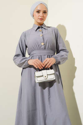 Yarım Gold Düğmeli Kuşaklı Elbise Gri - Tesettür Elbise