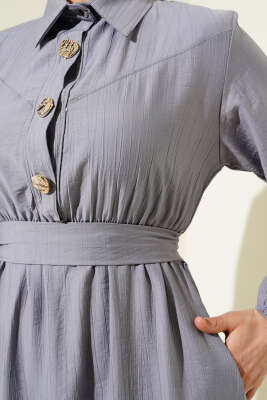 Yarım Gold Düğmeli Kuşaklı Elbise Gri - Tesettür Elbise