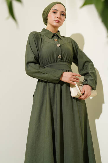 Yarım Gold Düğmeli Kuşaklı Elbise Haki - Elbise