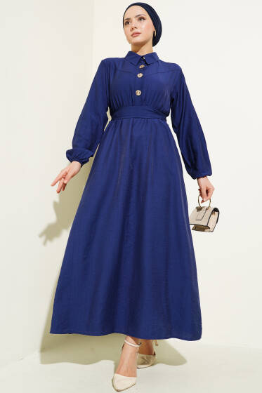 Yarım Gold Düğmeli Kuşaklı Elbise Lacivert - Elbise