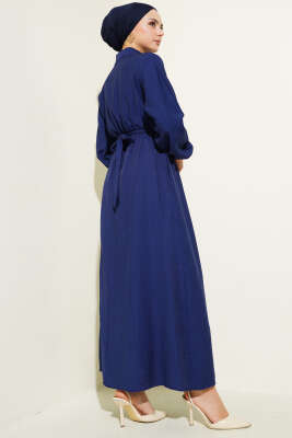 Yarım Gold Düğmeli Kuşaklı Elbise Lacivert - Tesettür Elbise