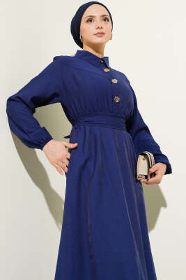 Yarım Gold Düğmeli Kuşaklı Elbise Lacivert - Tesettür Elbise