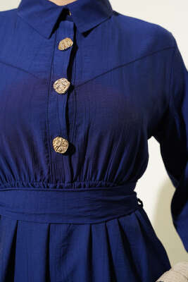 Yarım Gold Düğmeli Kuşaklı Elbise Lacivert - Tesettür Elbise