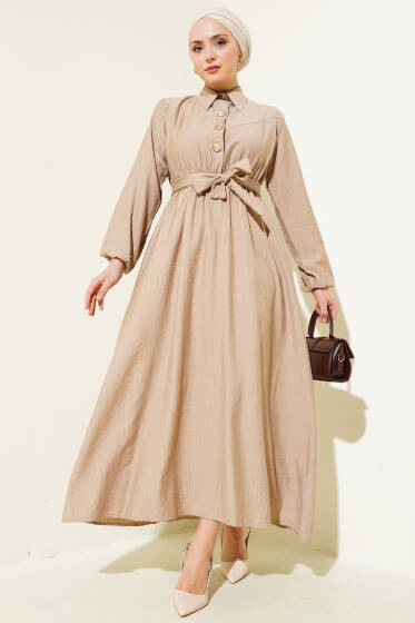 Yarım Gold Düğmeli Kuşaklı Elbise Latte - Elbise