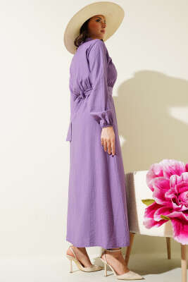 Yarım Gold Düğmeli Kuşaklı Elbise Lila - Tesettür Elbise