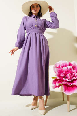 Yarım Gold Düğmeli Kuşaklı Elbise Lila - Tesettür Elbise