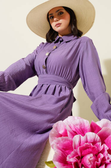 Yarım Gold Düğmeli Kuşaklı Elbise Lila - Tesettür Elbise