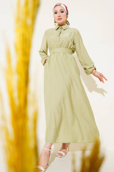 Yarım Gold Düğmeli Kuşaklı Elbise Pastel Yeşili - Elbise