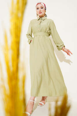 Yarım Gold Düğmeli Kuşaklı Elbise Pastel Yeşili 
