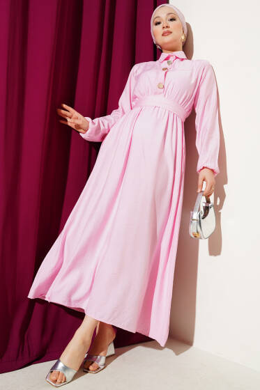 Yarım Gold Düğmeli Kuşaklı Elbise Pembe - Elbise