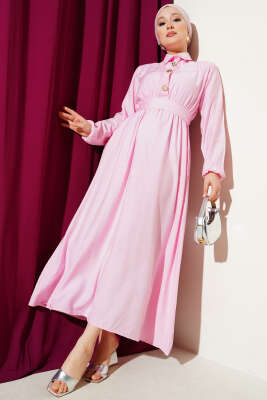 Yarım Gold Düğmeli Kuşaklı Elbise Pembe 
