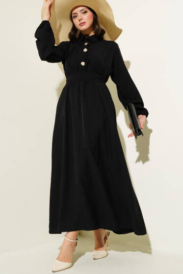 Yarım Gold Düğmeli Kuşaklı Elbise Siyah - Elbise