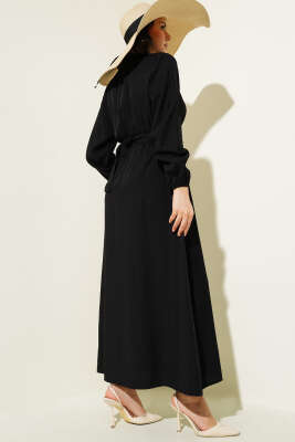 Yarım Gold Düğmeli Kuşaklı Elbise Siyah - Tesettür Elbise