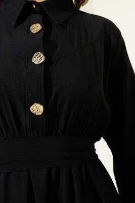 Yarım Gold Düğmeli Kuşaklı Elbise Siyah - Tesettür Elbise