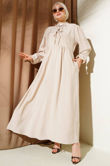 Yarım İp Bağcıklı Tensel Elbise Bej - Elbise