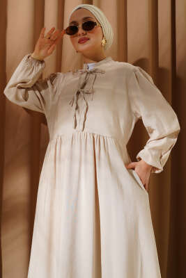 Yarım İp Bağcıklı Tensel Elbise Bej - Tesettür Elbise