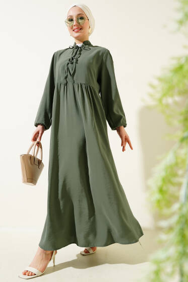 Yarım İp Bağcıklı Tensel Elbise Çağla Yeşili - Elbise
