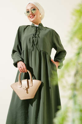 Yarım İp Bağcıklı Tensel Elbise Çağla Yeşili - Tesettür Elbise