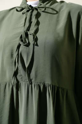 Yarım İp Bağcıklı Tensel Elbise Çağla Yeşili - Tesettür Elbise