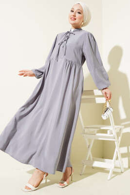 Yarım İp Bağcıklı Tensel Elbise Gri 