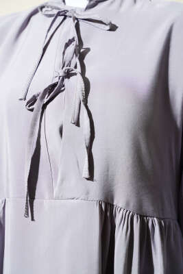 Yarım İp Bağcıklı Tensel Elbise Gri - Tesettür Elbise