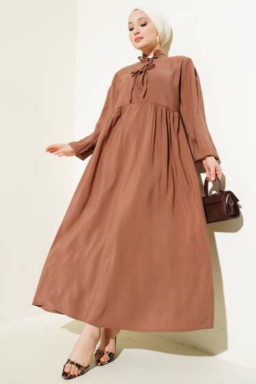 Yarım İp Bağcıklı Tensel Elbise Kestane - Elbise