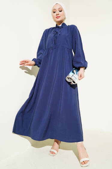 Yarım İp Bağcıklı Tensel Elbise Lacivert - Elbise