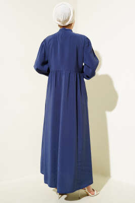 Yarım İp Bağcıklı Tensel Elbise Lacivert - Tesettür Elbise