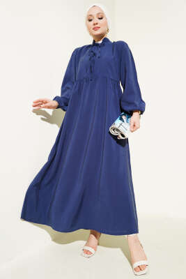 Yarım İp Bağcıklı Tensel Elbise Lacivert 